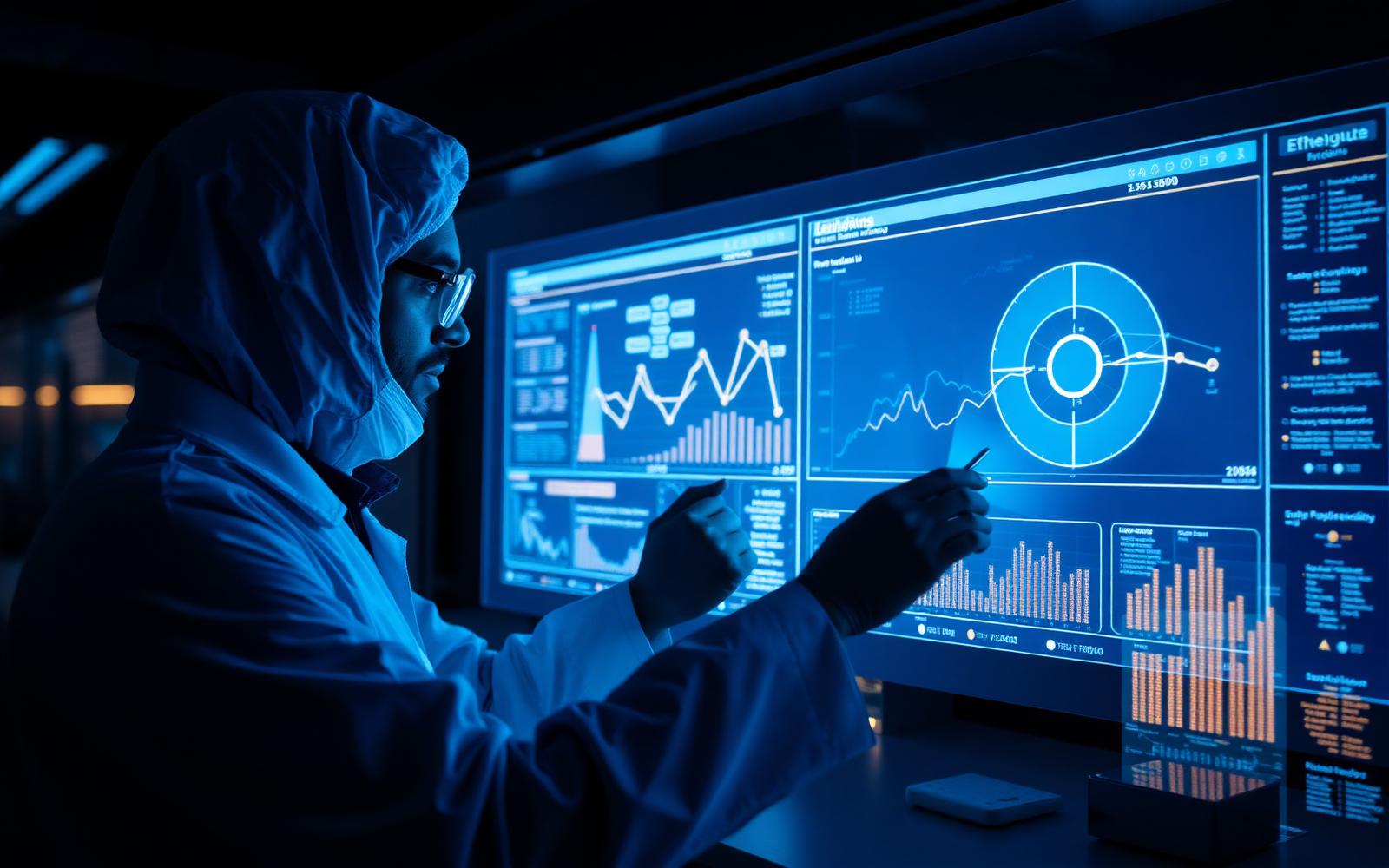Researcher in a laboratory analyzing venture data on a large screen