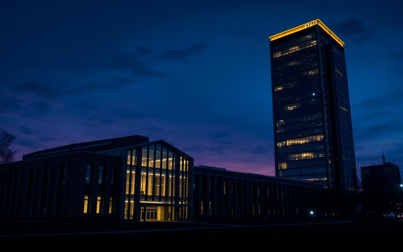 University research building connected to a commercial office tower at dusk